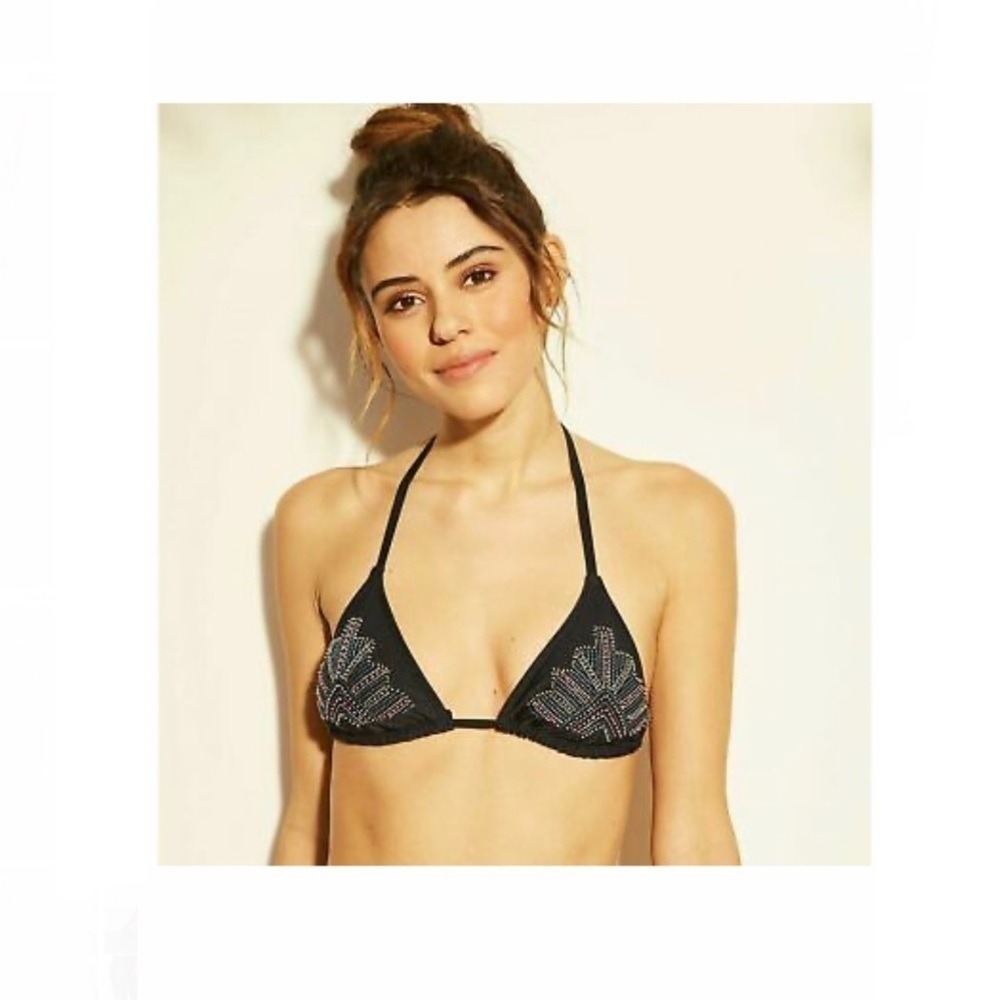 Black‎ Beaded Triangle Bikini Top Halter String Tie Embellished Boho Beach Swim